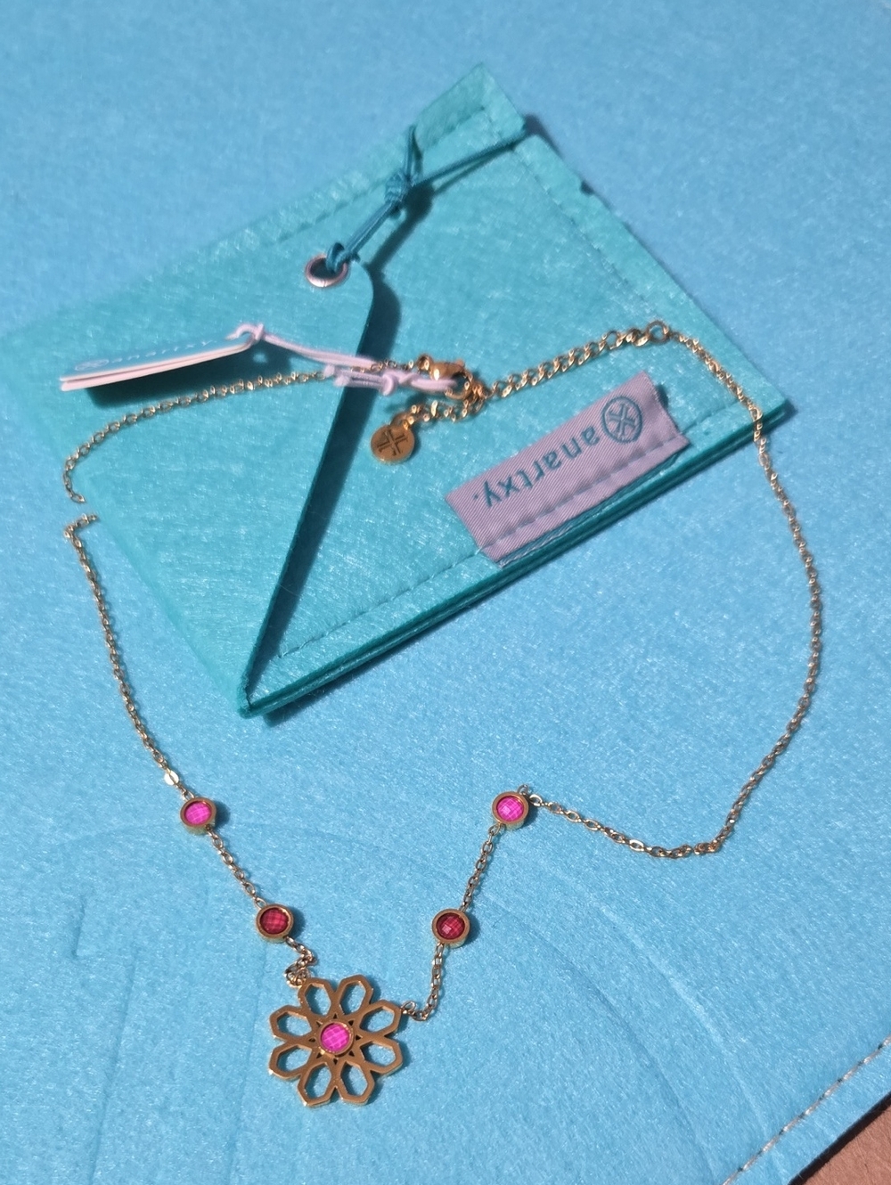 Anartxy Gold Plated Floral Pendant Necklace with Pink Stones